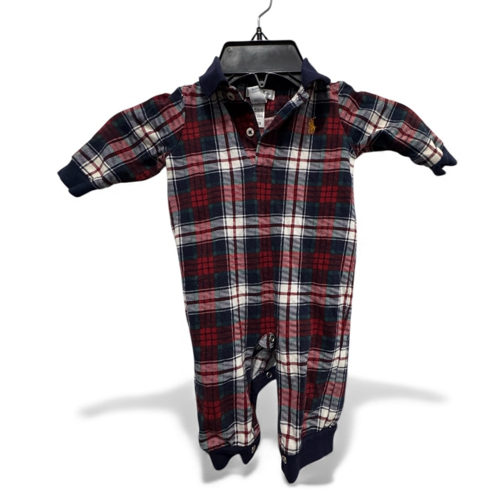 Ralph Lauren Kids Plaid Footie romper in Red and Navy size 6 months